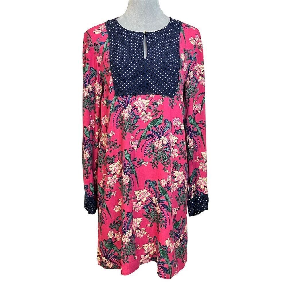 Maeve Anthropologie Women's Pink Floral Shift Dress Polka Dot Bird Short Spring